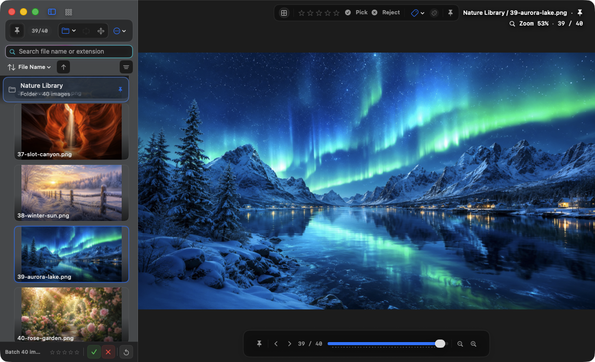 The main AuroraViewer window showing the sidebar, image canvas, top rating controls, and bottom navigation bar