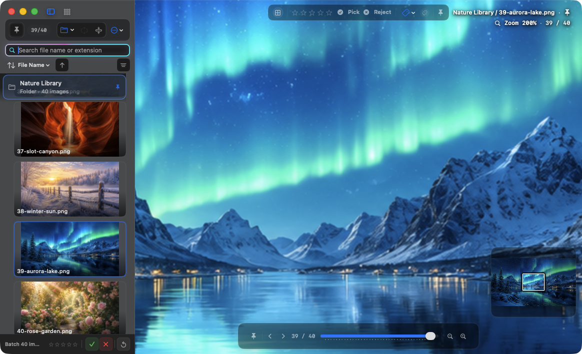 AuroraViewer showing an aurora photo at 200 percent with the current viewport indicated in the minimap